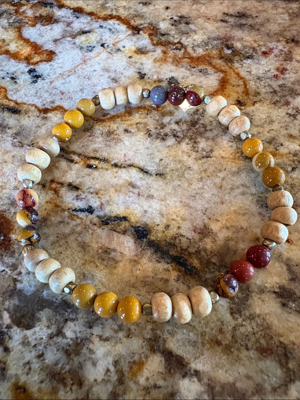 Mookaite Jasper & Wood Beaded Stretch Bracelet